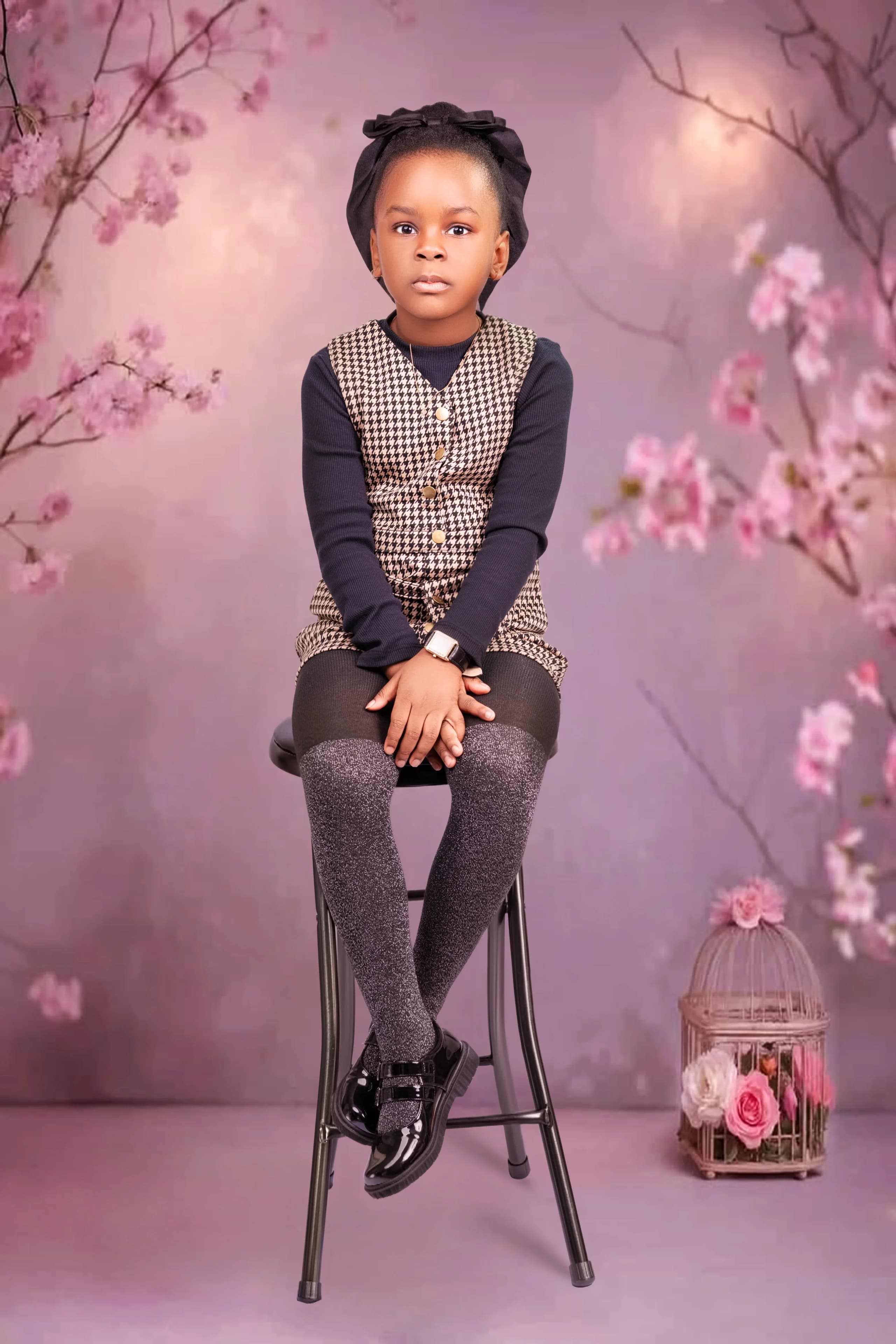 Girl in a houndstooth vest seated on a stool among cherry blossoms