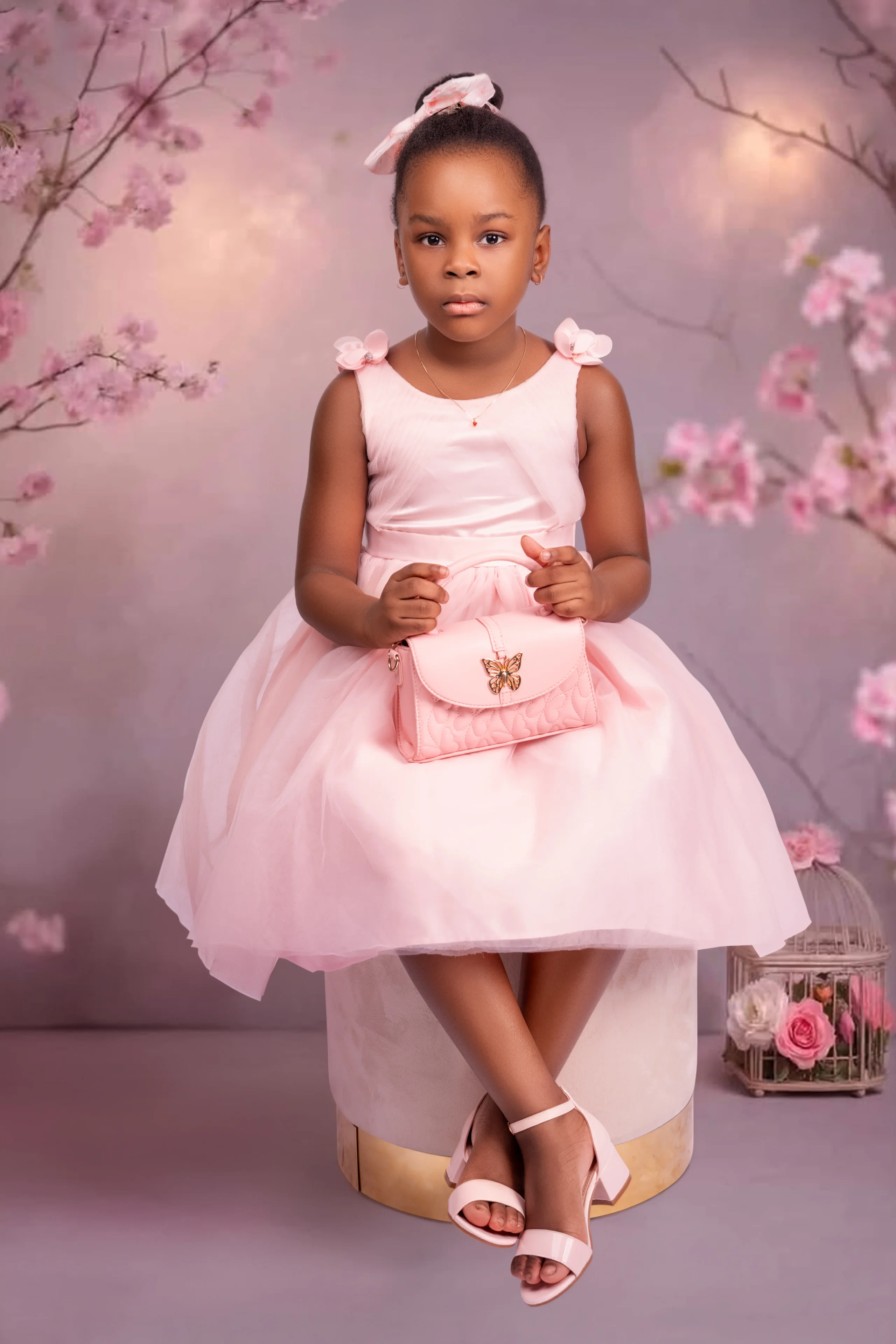 Girl in a pink dress holding a butterfly purse on a cherry-blossom set